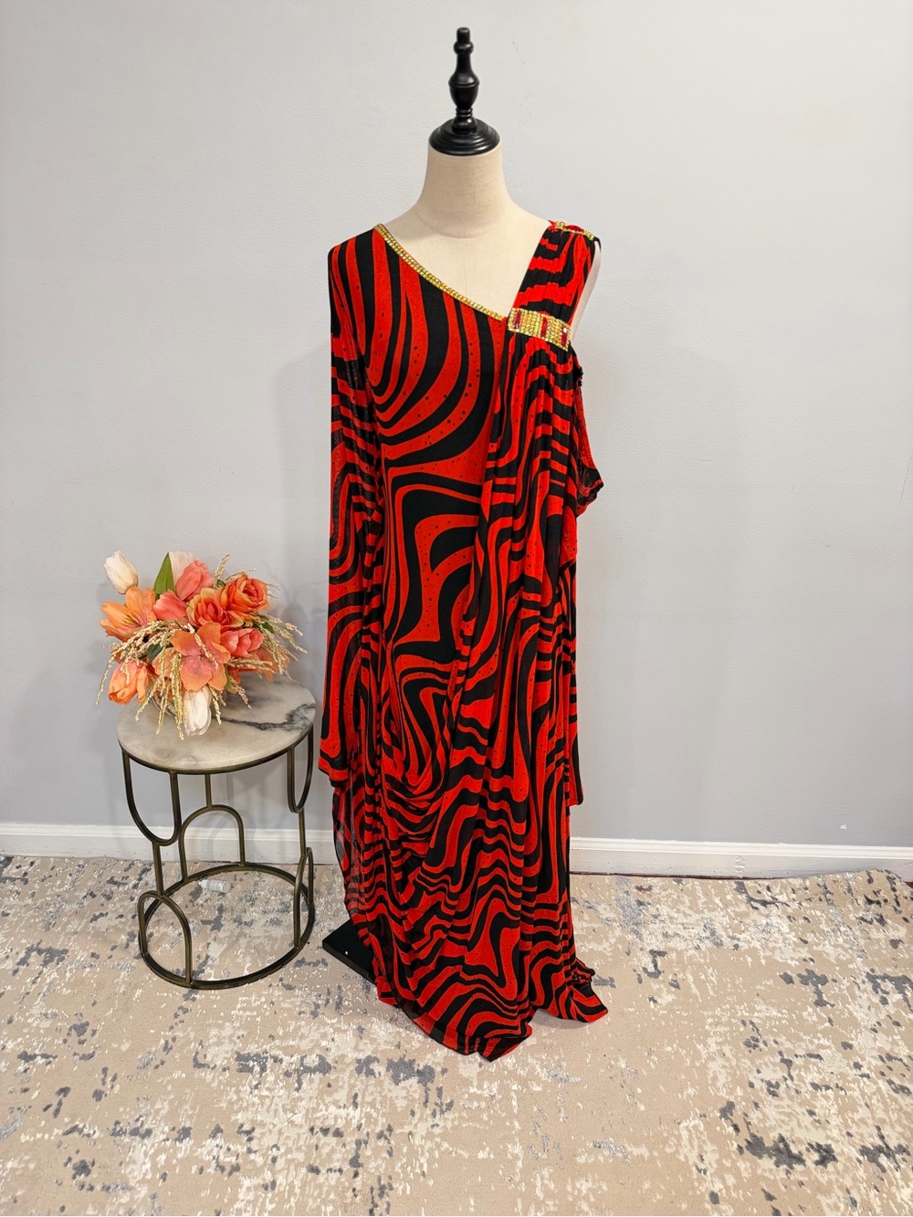 Red & Black One-Shoulder Draped Stretchable Maxi Dress with Gold Accent